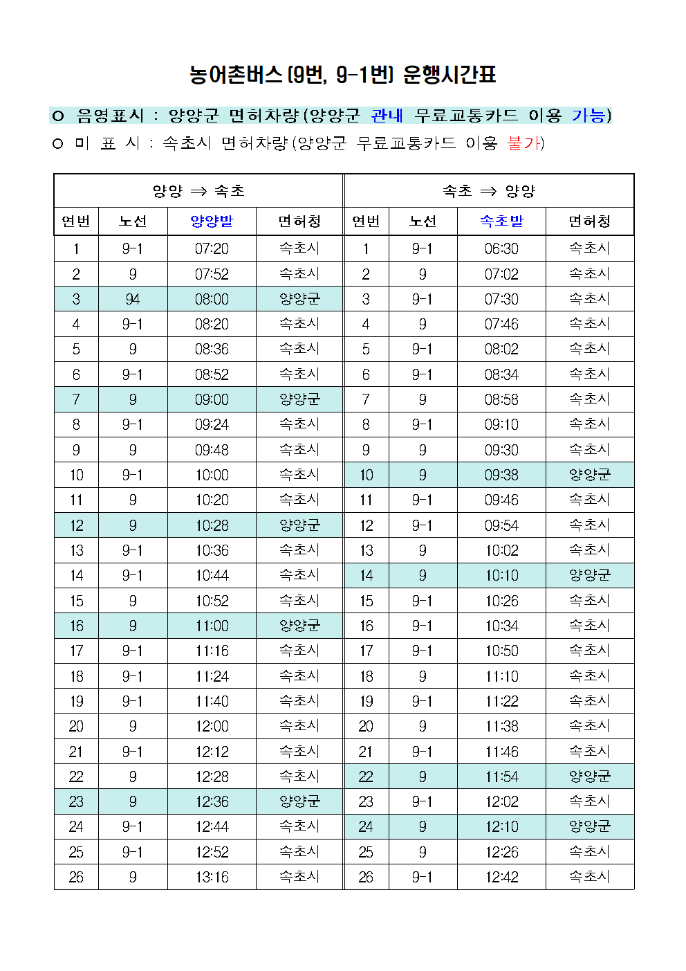 속초시 농어촌버스 9번, 9-1번 운행시간표 1
